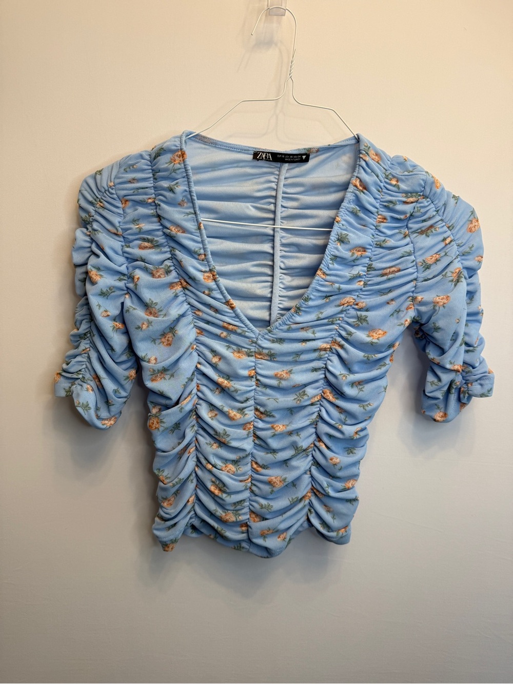 Zara Light Blue Floral Ruched V-Neck Blouse
